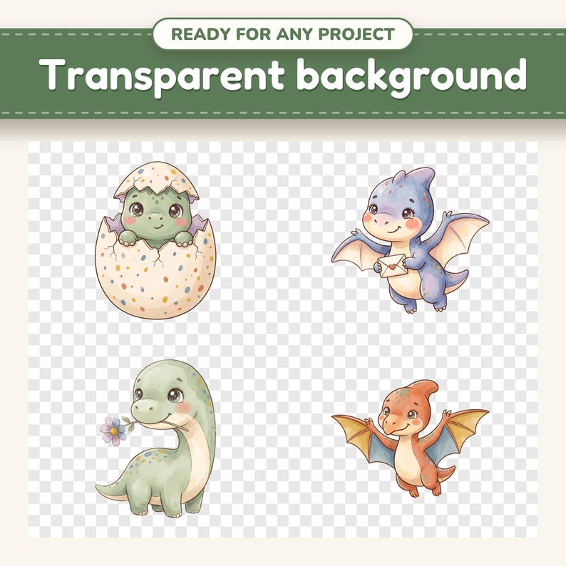Cute Dinosaur clipart designs on a checkerboard, showing the transparent background