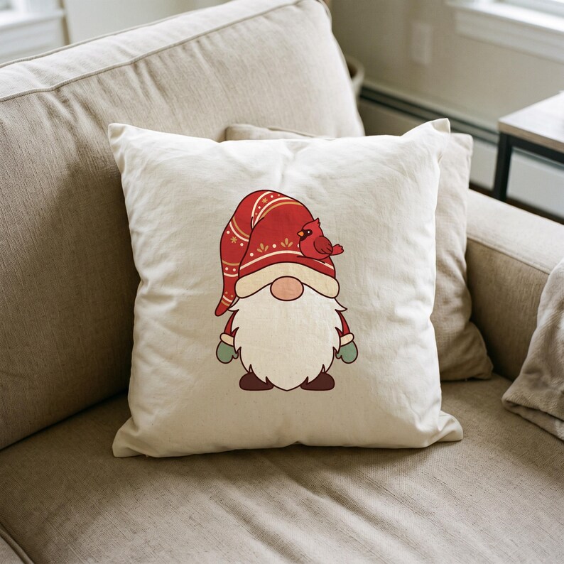 Christmas Gnome clipart design printed on a pillow, as an example