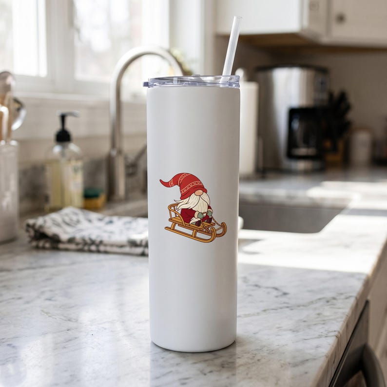 Christmas Gnome clipart design printed on a tumbler, as an example
