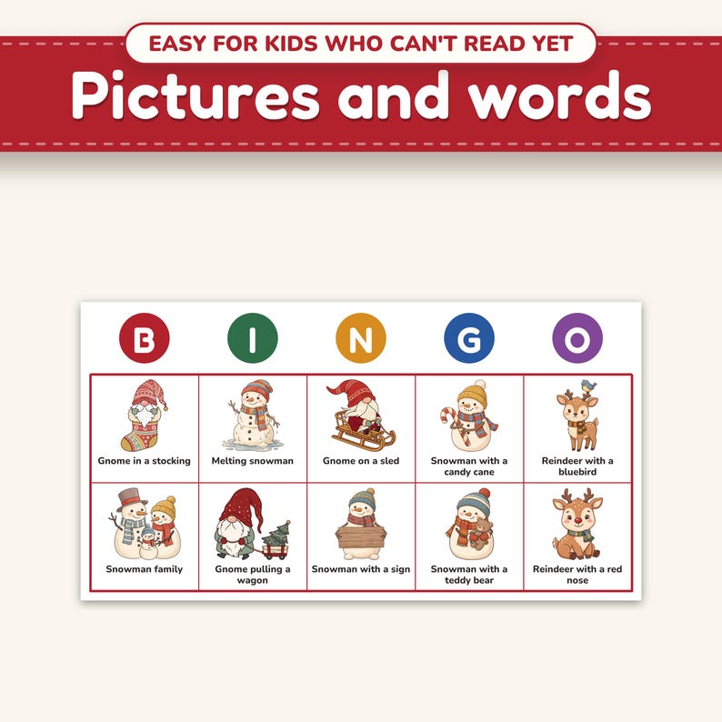 Close-up of a bingo card: cute pictures with their names underneath