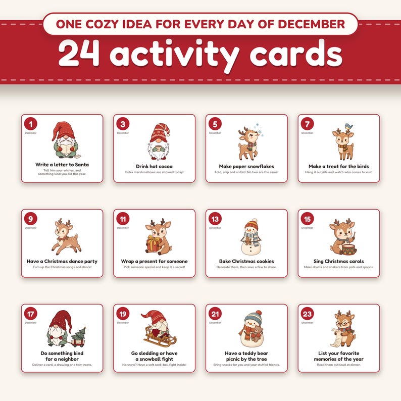 Twelve of the 24 Christmas countdown activity cards, each with a day number, a picture and a family activity