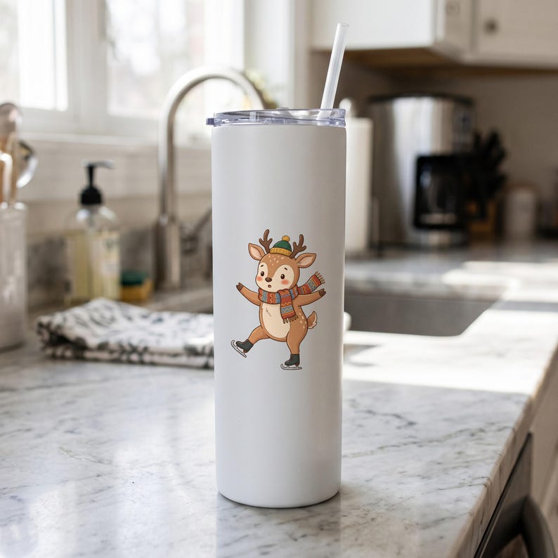 Christmas Reindeer clipart design printed on a tumbler, as an example