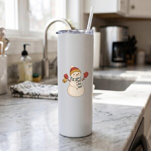 Winter Snowman clipart design printed on a tumbler, as an example