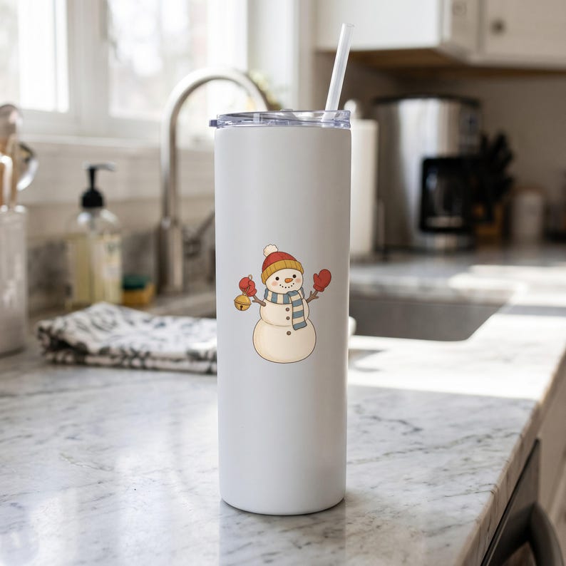 Winter Snowman clipart design printed on a tumbler, as an example