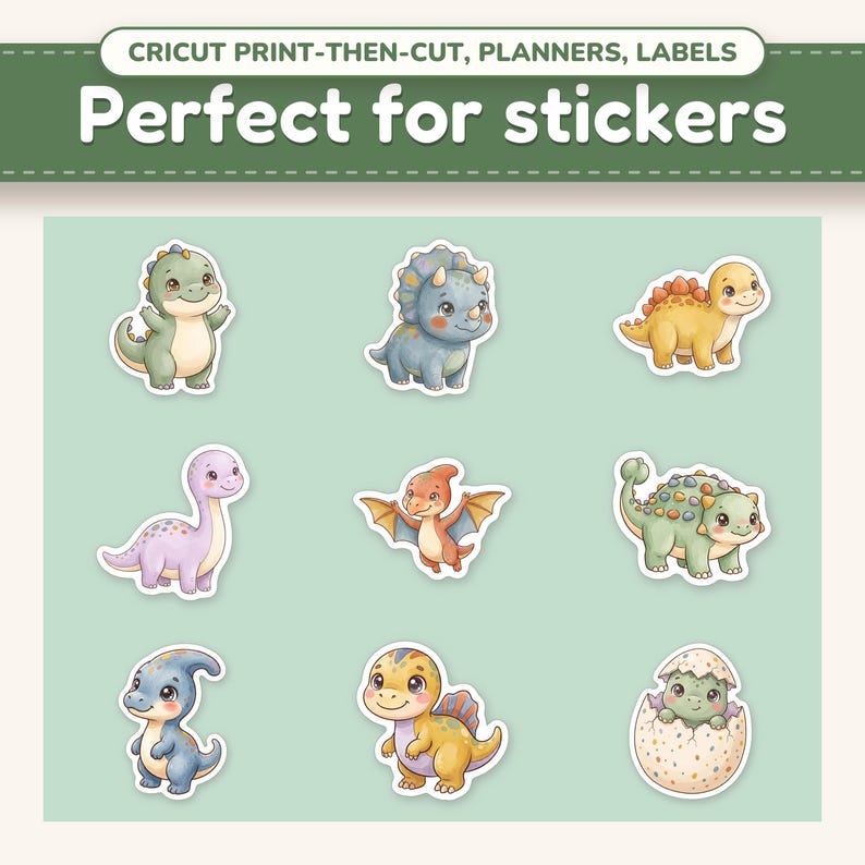 Cute Dinosaur clipart printed as a die-cut sticker sheet