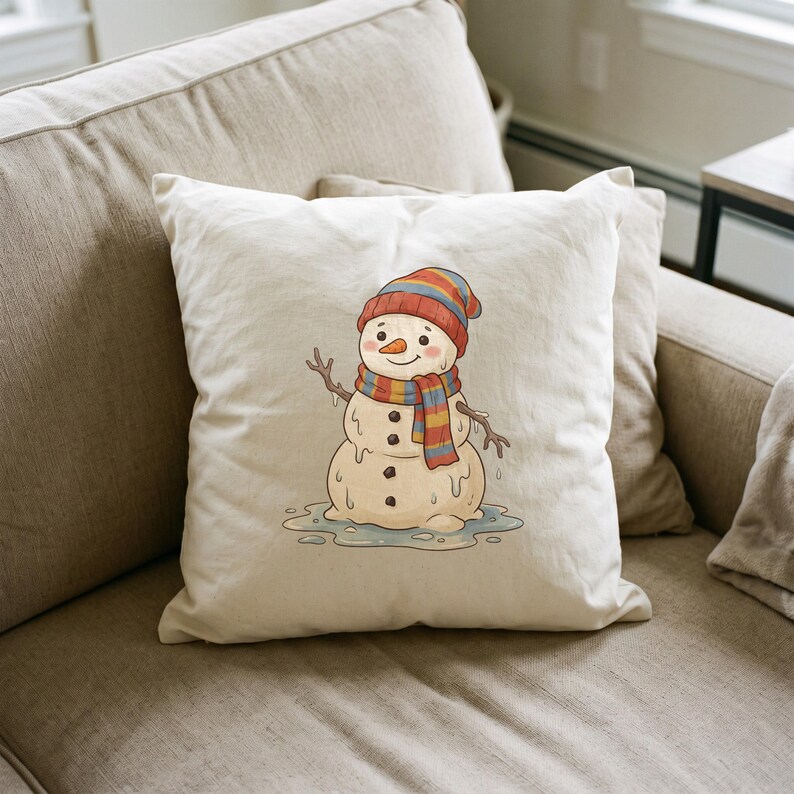 Winter Snowman clipart design printed on a pillow, as an example