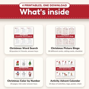 What's inside: Christmas word search, picture bingo, color by number and an activity advent calendar