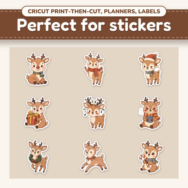 Christmas Reindeer clipart printed as a die-cut sticker sheet