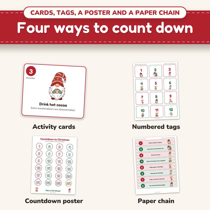 Four ways to count down: activity cards, numbered tags, a color-in countdown poster and a paper chain