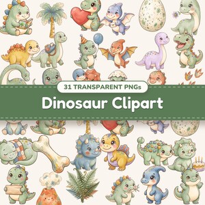 Cute Dinosaur clipart bundle of 31 PNG designs shown together in a collage