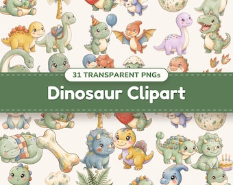 Dinosaur Clipart PNG Bundle, Cute Baby Dino Watercolor Designs, Birthday Nursery, Commercial Use