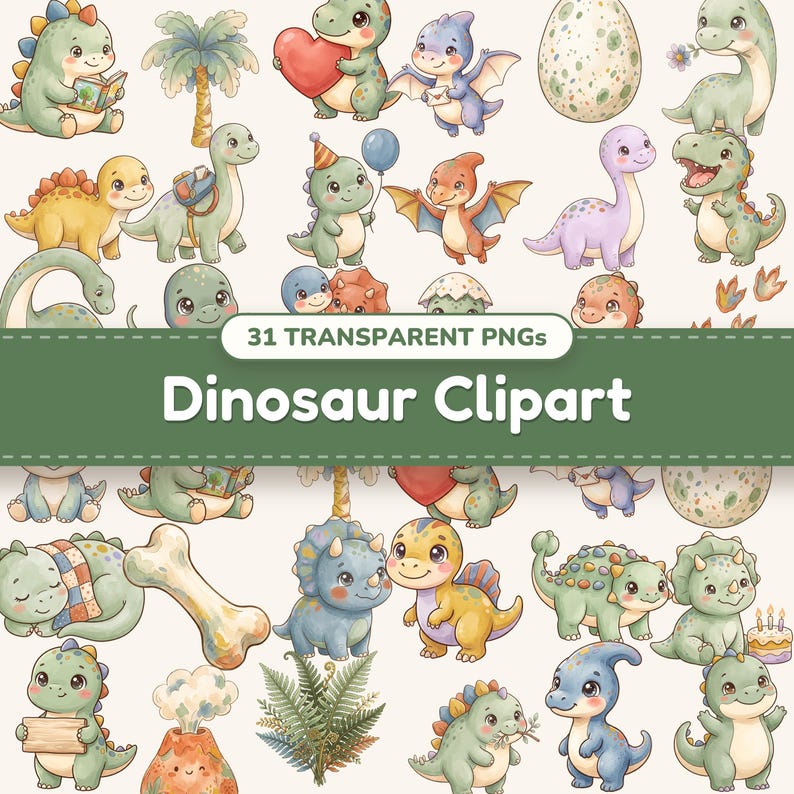 Cute Dinosaur clipart bundle of 31 PNG designs shown together in a collage