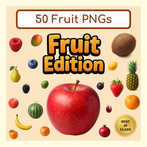 Paquete PNG de frutas... 50 imágenes de frutas únicas para diseños, manualidades y uso comercial (50 archivos digitales)