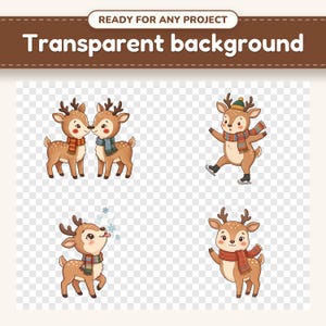 Christmas Reindeer clipart designs on a checkerboard, showing the transparent background
