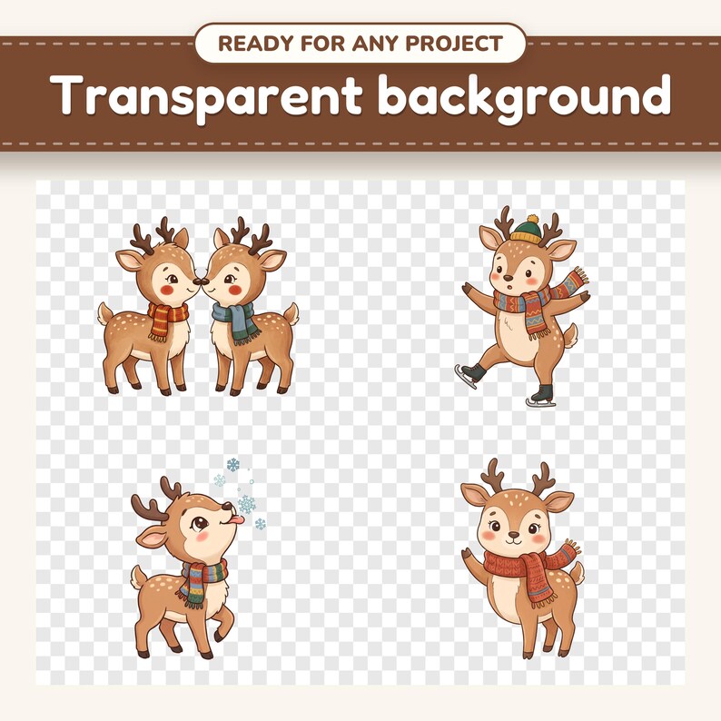 Christmas Reindeer clipart designs on a checkerboard, showing the transparent background