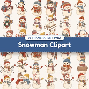 May include: A collection of 30 digital illustrations featuring snowmen in various poses, wearing colorful winter hats and scarves, holding items like gifts, sleds, lanterns, books, and musical instruments, labeled 30 TRANSPARENT PNGs Snowman Clipart.