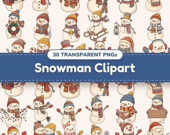 Op de afbeelding: Een collectie van 30 digitale illustraties met sneeuwpoppen in diverse houdingen, dragend kleurrijke wintermutsen en sjaals, met voorwerpen zoals cadeaus, sledes, lantaarns, boeken en instrumenten, gelabeld 30 TRANSPARENT PNGs Snowman Clipart.