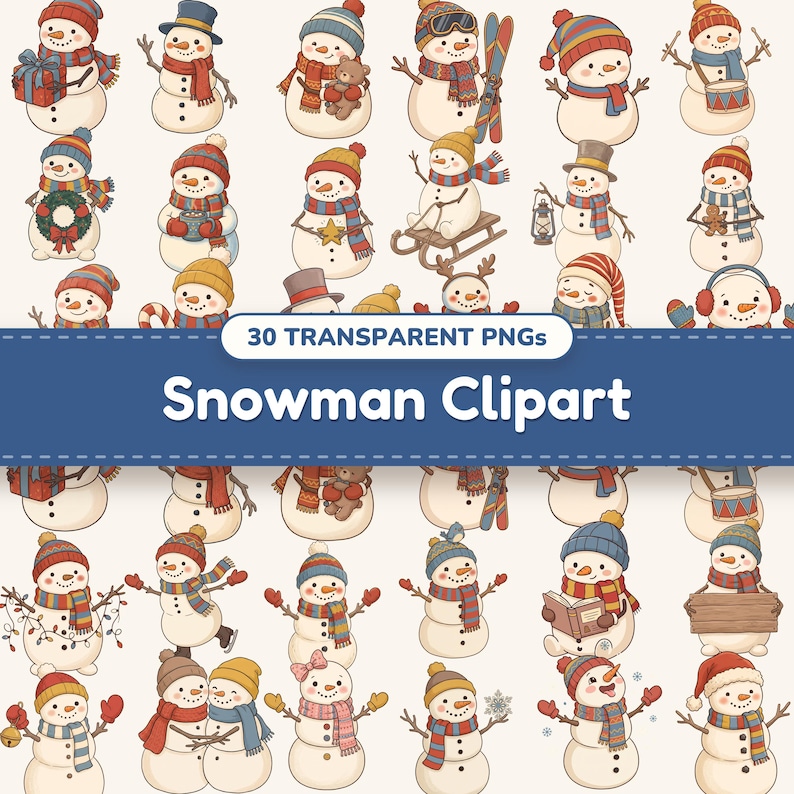 Winter Snowman clipart bundle of 30 PNG designs shown together in a collage