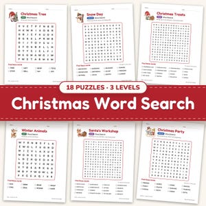Christmas word search printable for kids: 18 puzzles shown together