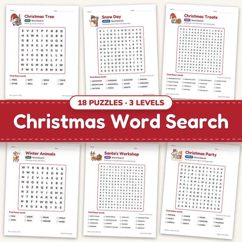 Christmas word search printable for kids: 18 puzzles shown together