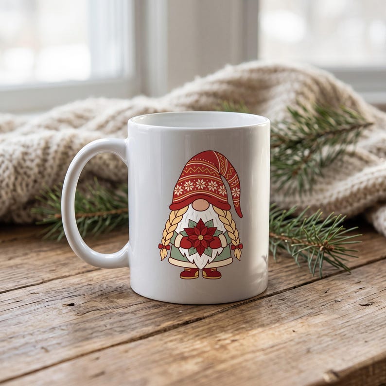 Christmas Gnome clipart design printed on a mug, as an example