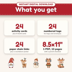 What's included: 24 activity cards, 24 numbered tags, a 24-link paper chain and a countdown poster in one PDF