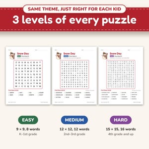 The same Snow Day word search at easy, medium and hard levels, side by side