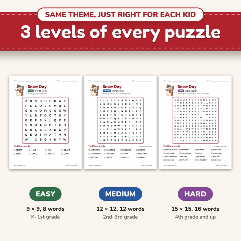 The same Snow Day word search at easy, medium and hard levels, side by side