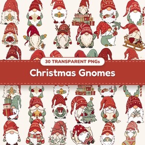 Christmas Gnome clipart bundle of 30 PNG designs shown together in a collage