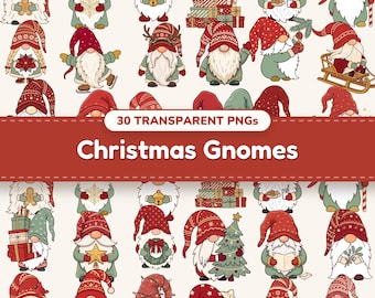 Christmas Gnome Clipart PNG Bundle, Cute Holiday Gnomes, Transparent, Commercial Use