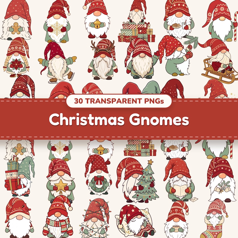 Christmas Gnome clipart bundle of 30 PNG designs shown together in a collage