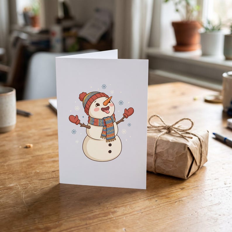 Winter Snowman clipart design printed on a card, as an example
