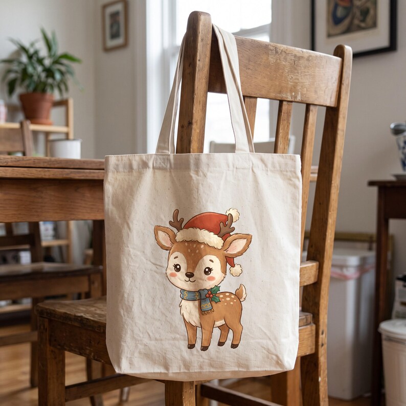 Christmas Reindeer clipart design printed on a tote, as an example