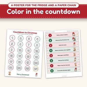The countdown poster with hollow numbers to color in, and the paper chain strips with each day's activity