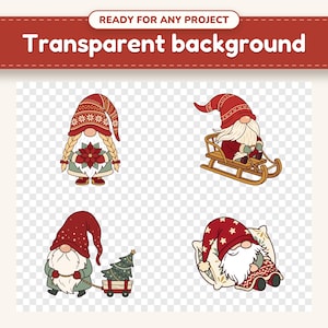 Christmas Gnome clipart designs on a checkerboard, showing the transparent background