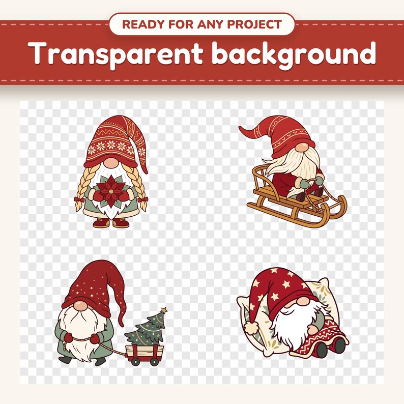 Christmas Gnome clipart designs on a checkerboard, showing the transparent background