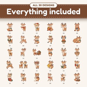 All 30 christmas reindeer clipart designs in the bundle, numbered