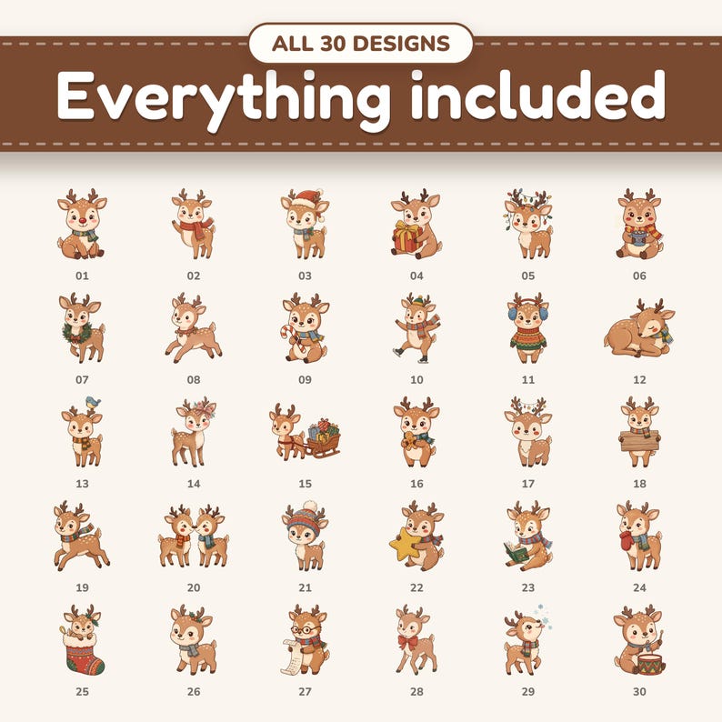 All 30 christmas reindeer clipart designs in the bundle, numbered
