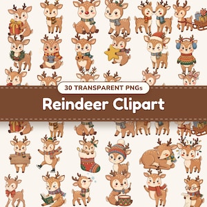 Christmas Reindeer clipart bundle of 30 PNG designs shown together in a collage
