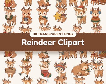 Op de afbeelding: Een verzameling van 30 digitale illustraties met cartoonrendieren in verschillende houdingen, met winteraccessoires zoals sjaals, mutsen en oorkappen, voorzien van de tekst 30 Transparent PNGs Reindeer Clipart.
