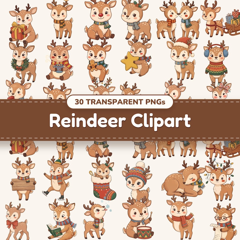Christmas Reindeer clipart bundle of 30 PNG designs shown together in a collage