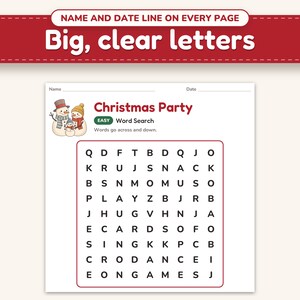 Close-up of an easy word search: name and date line, a cute picture and big clear letters