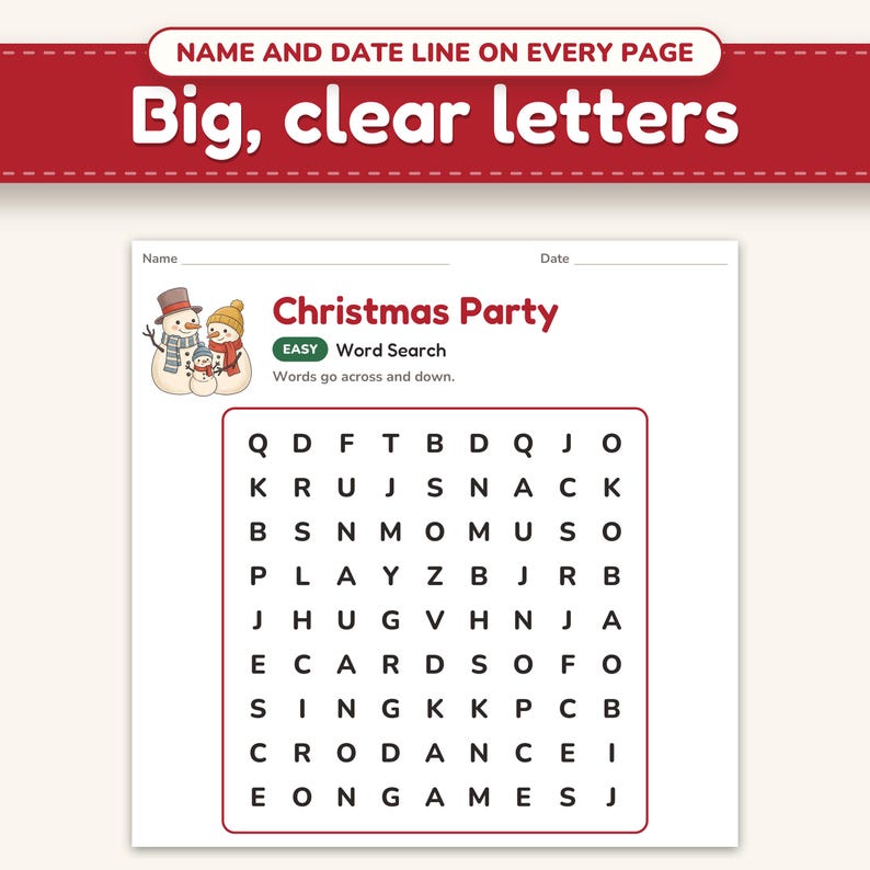 Close-up of an easy word search: name and date line, a cute picture and big clear letters