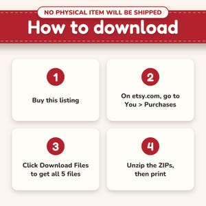 Instant digital download, no physical item shipped, and how to download the files