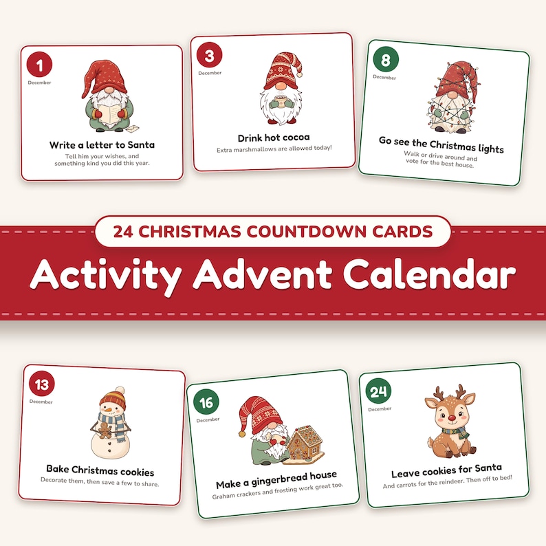Christmas activity advent calendar printable: activity cards with cute pictures, scattered around the title