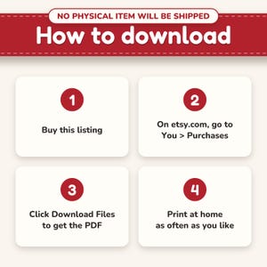 Instant digital download, no physical item shipped, and how to download the PDF