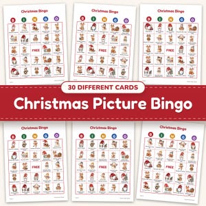Christmas picture bingo printable: 30 different bingo cards fanned out