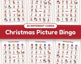 Printbare kerstbingo met 30 plaatjeskaarten voor kinderen, een leuk spel voor een kerstfeestje in de klas.
