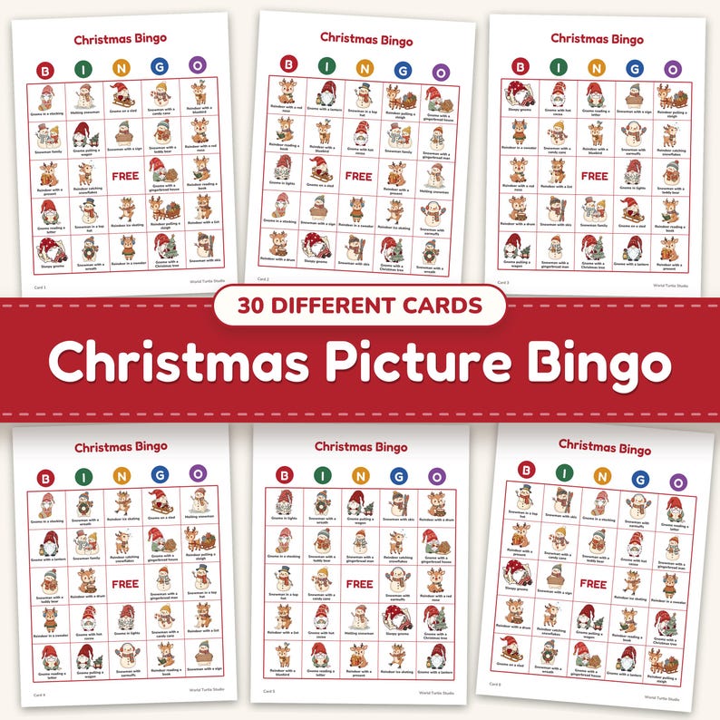 Christmas picture bingo printable: 30 different bingo cards fanned out