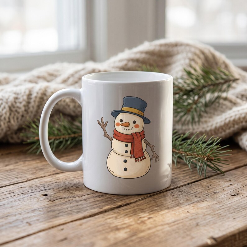 Winter Snowman clipart design printed on a mug, as an example